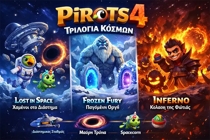 Σύγκριση των τριών κόσμων του Pirots 4 με villains και Coin Game