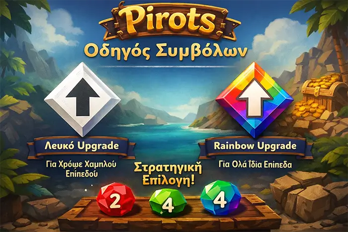 Οδηγός των feature symbols του Pirots με Wild, Transform, Upgrades, Coin, Bomb και Bonus