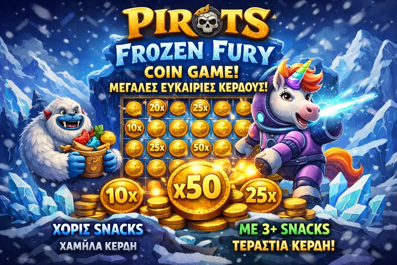 Frozen Fury Coin Game με γεωμετρικό multiplier x2 ανά Yeti Snack στο Pirots 4 Frozen Fury