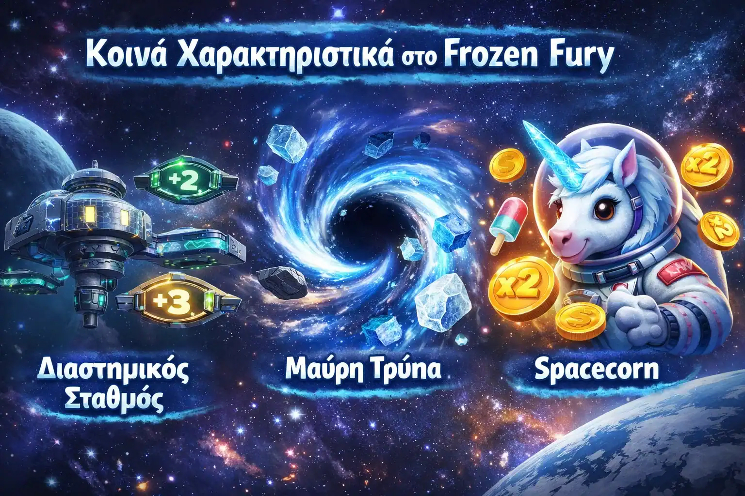 Κοινά Pirots 4 features στο Frozen Fury με Space Station, Black Hole και Spacecorn