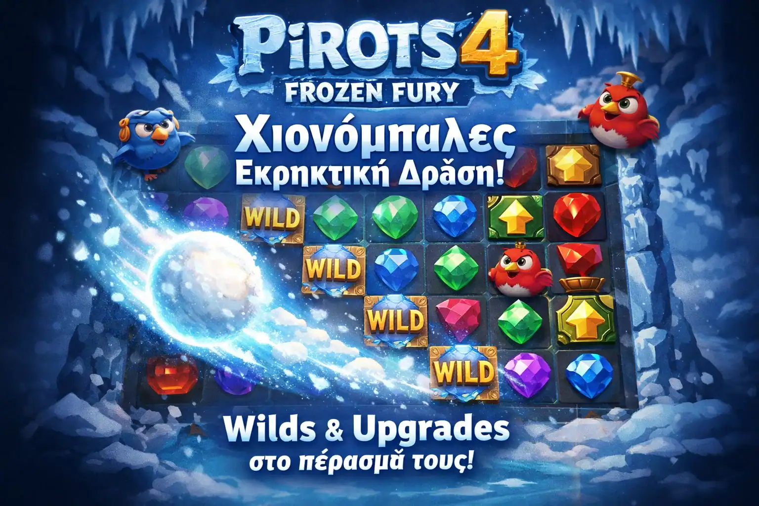 Snowballs στο Pirots 4 Frozen Fury με τυχαίες τροχιές που μετατρέπουν σύμβολα σε Wild ή Upgrade