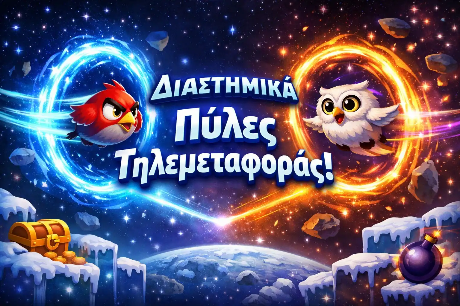 Space Portals στο Pirots 4 Frozen Fury που τηλεμεταφέρουν πουλιά σε νέες παραγωγικές θέσεις