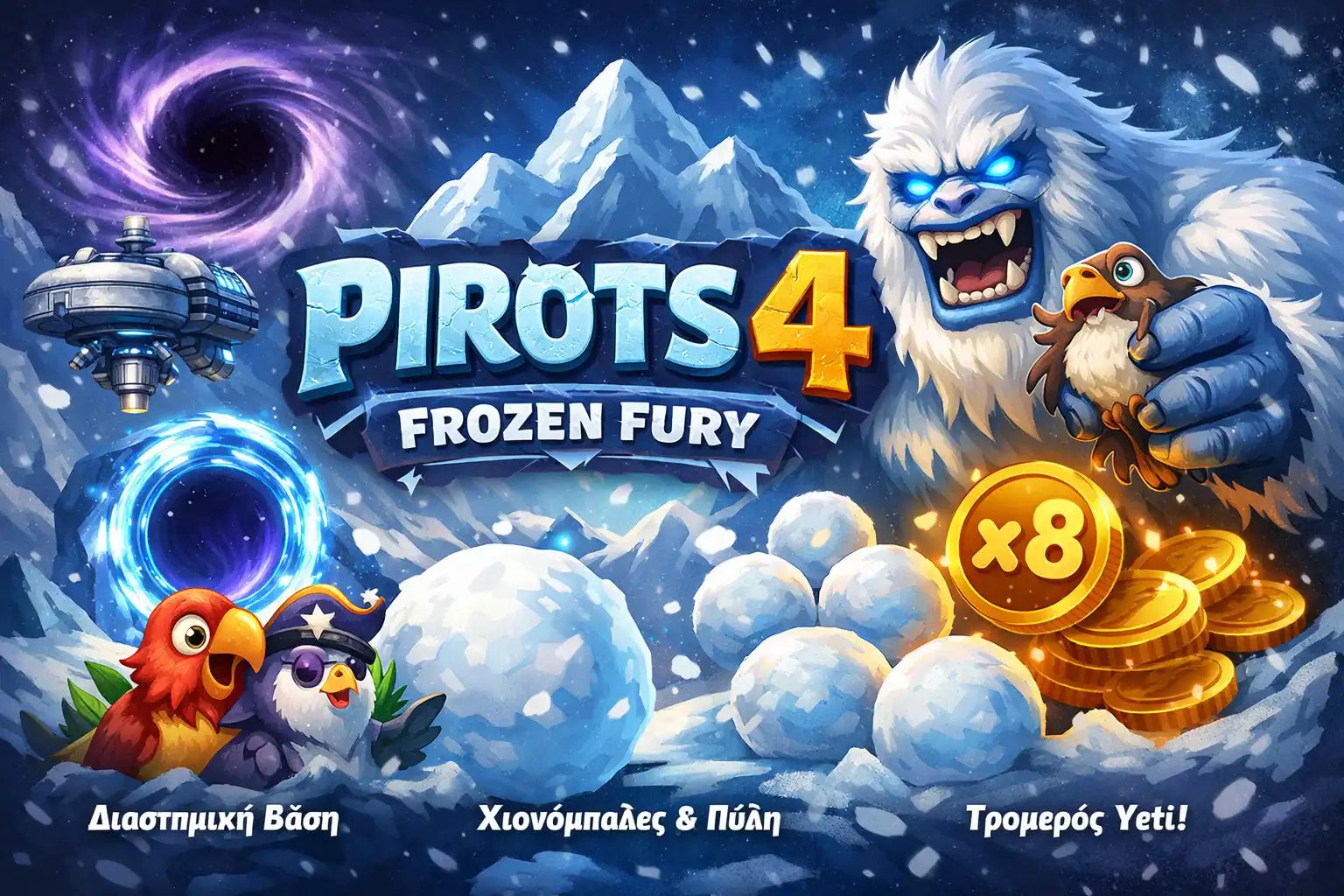 Pirots 4 Frozen Fury βασικά στοιχεία με RTP 94, πλέγμα 6x6 και features του παγωμένου κόσμου