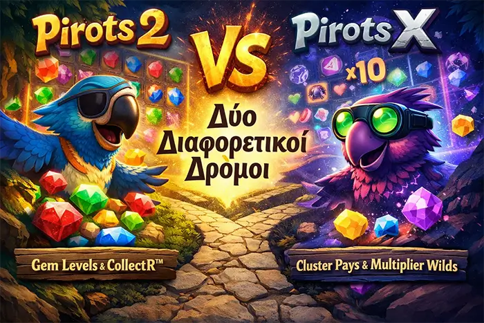 Σύγκριση Pirots 2 με Pirots X που δείχνει τη διαφορά μεταξύ CollectR gem levels και cluster pays με global multiplier
