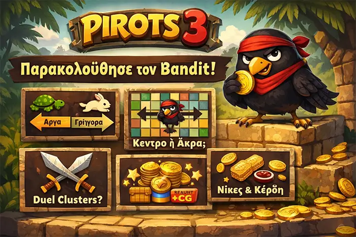 Μοτίβα κίνησης του Bandit και πιθανά σενάρια Gunslingers Duel στο Pirots 3 demo